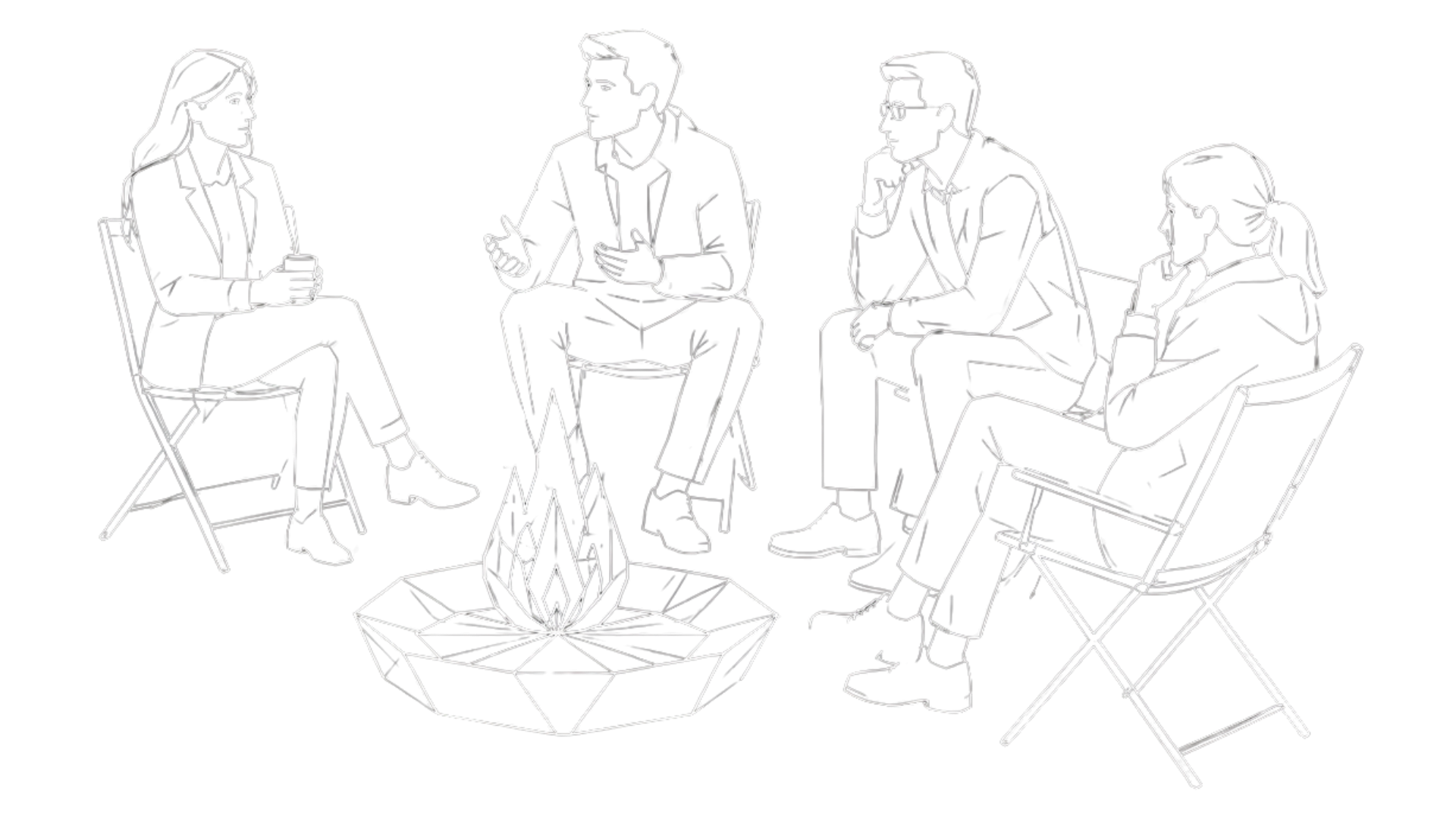 Empreendedores ao redor de uma fogueira conversando sobre tecnologia